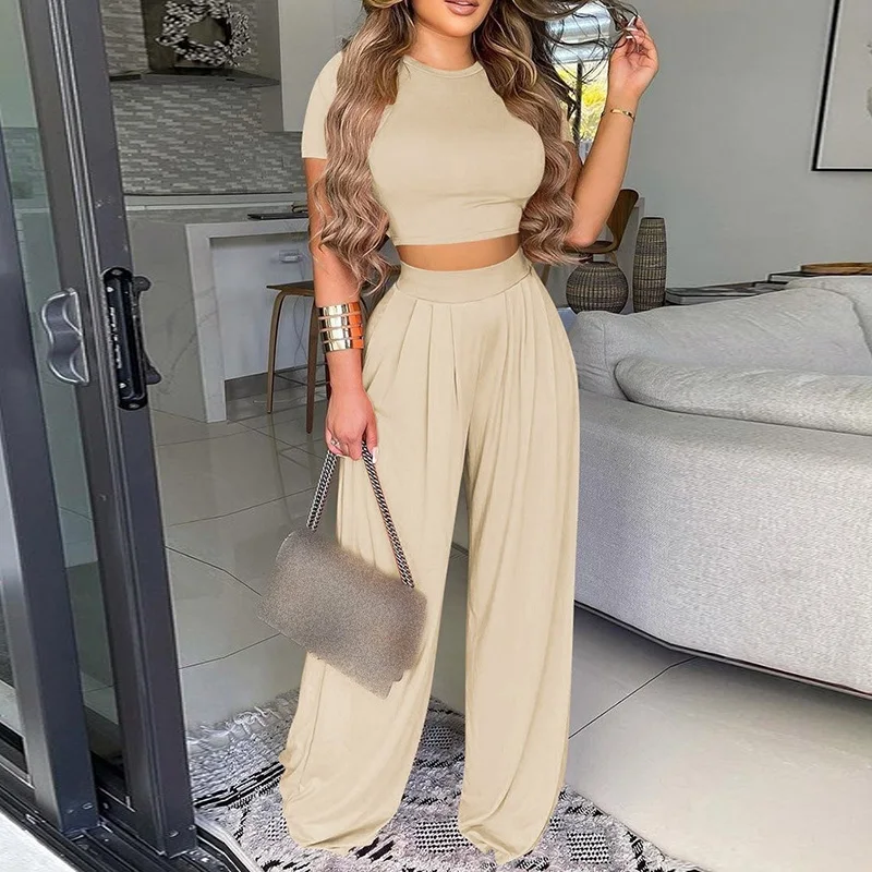 

Sexy summer crop top wide leg tracksuit Casual short sleeve trouser suit for women