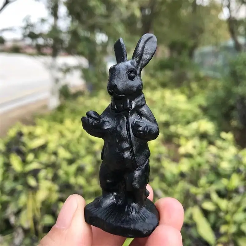 

7cm Natural Black Obsidian Cartoon Rabbit Carved Animal Statue Healing Energy Gemstone Mineral Crafts For Decor 1pcs