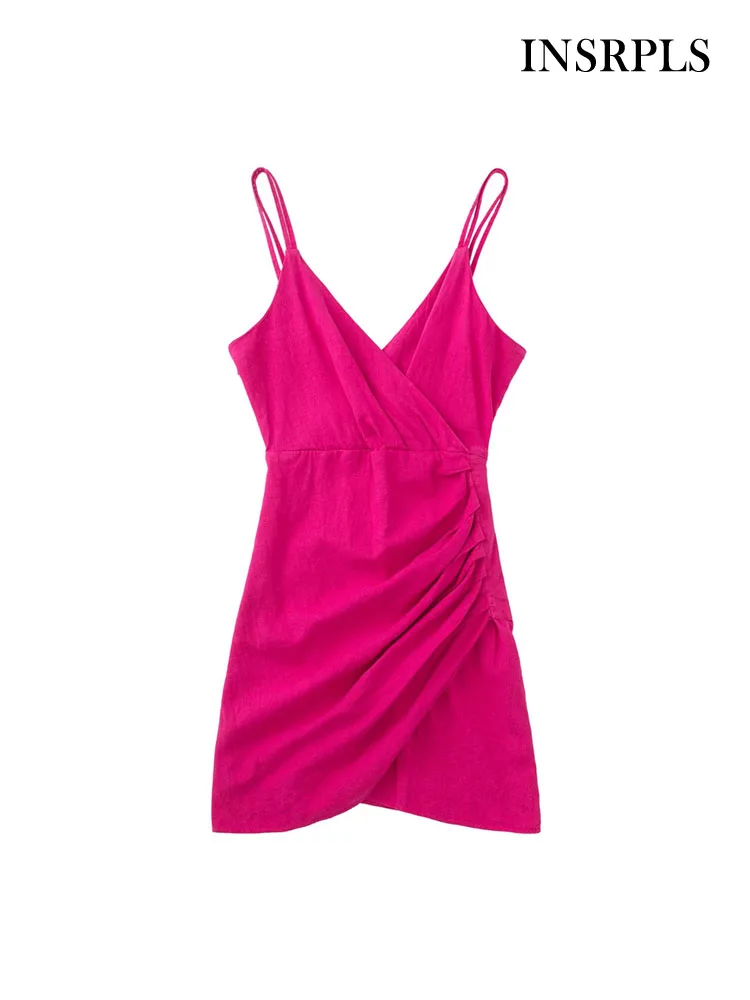 

INSRPLS Women Fashion With Tied Draped Linen Mini Dress Vintage Backless Side Zipper Thin Straps Female Dresses Vestidos Mujer