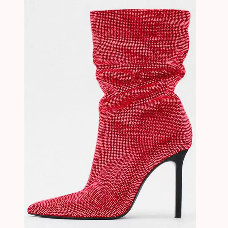 New Style Pointed Thin High-heeled Women's Boots Pleated Rhinestone Show Large Size Medium Boots Fashion Sleeve Short Boots