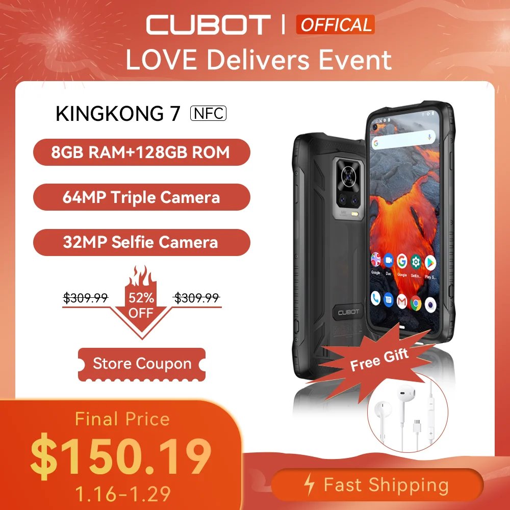 Cubot KingKong 7, IP68 IP69K водонепроницаемый смартфон, 6,36-дюйма FHD+ экран,тройная камера 64МП, 8ГБ ОЗУ, 128/256 ГБ ПЗУ (поддержка расширенна 256ГБ), Селфи камер...