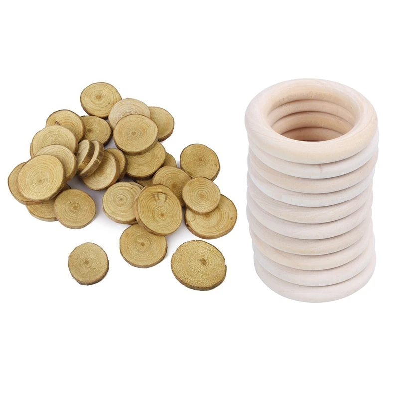 

Wood Log Slices Discs 30Pcs 3-4CM For DIY Crafts Wedding Centerpieces & 10X Natural Wooden Rings, Diameter 50Mm