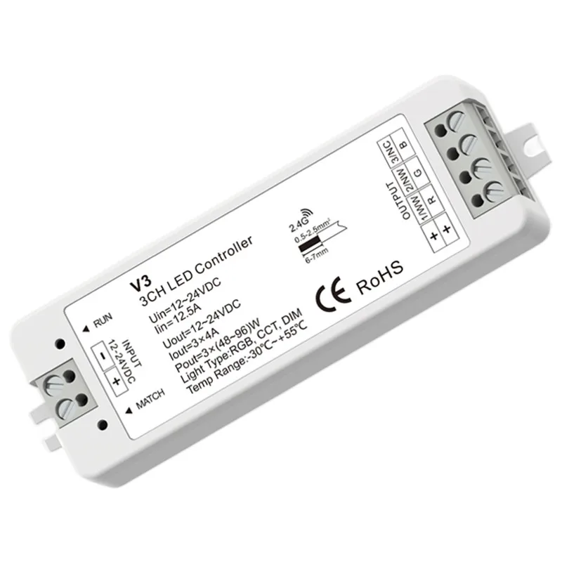 

3 channels PWM panel Wireless 2.4G RF CV Controller (RGB CCT DIM) DC12/24/36/48V, WiFi-RF constant voltage output RGB Led strip