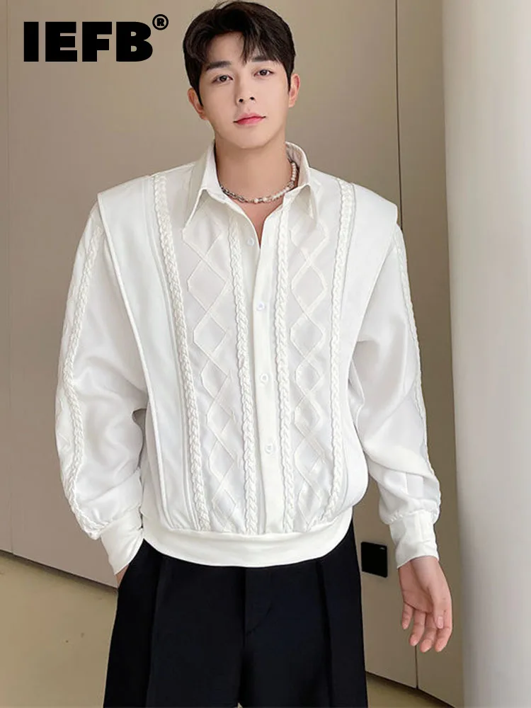 

IEFB Turn-down Neck Hand Woven Long Sleeve Shirt Single Breasted Korean Style Design Solid Color Simple Casual Spring New 9A1977