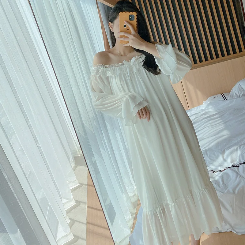 Slash neck Long Womens Nightgowns Dress Sleepwear Lace Sexy Luxury Homewear COTTON Sleepshirts Autumn Winter White