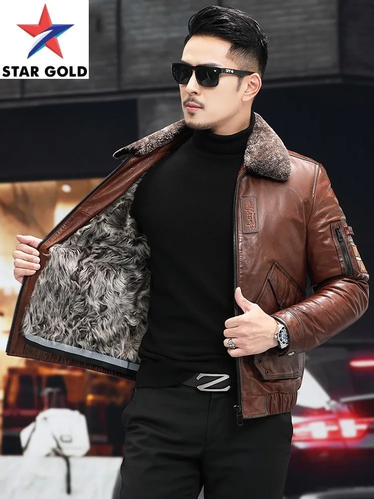 

Men Winter Business Wool Lining Warm Real Shearling Coat Male Luxury Work Fur Collar Sheepskin Genuine Leather Jacket