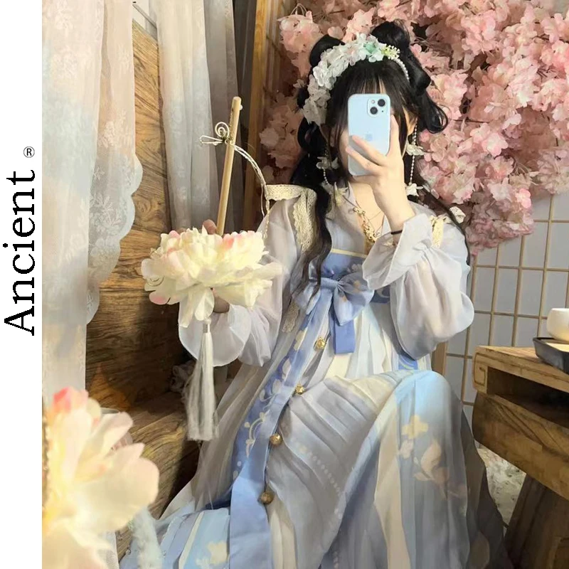

New Chinese Traditional Costume Hanfu Modern Style Asian Dress Improved Hanbok Woman Cosplay Fairy Girl Pink and Blue Autumn