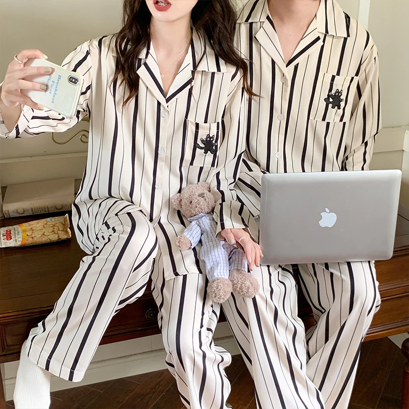 CAIYIER Sweet Couple Pajamas Set Stripe Cute Dog Print Lovers Sleepwear Women & Men Winter Nightwear Korean Christmas Loungewear