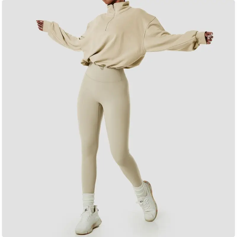 

High collar Winter Sweater 2 Two Piece Warm Loose Hoodie Yoga Set Workout Clothes for Women Sportwear Women Set Outfit Fitness