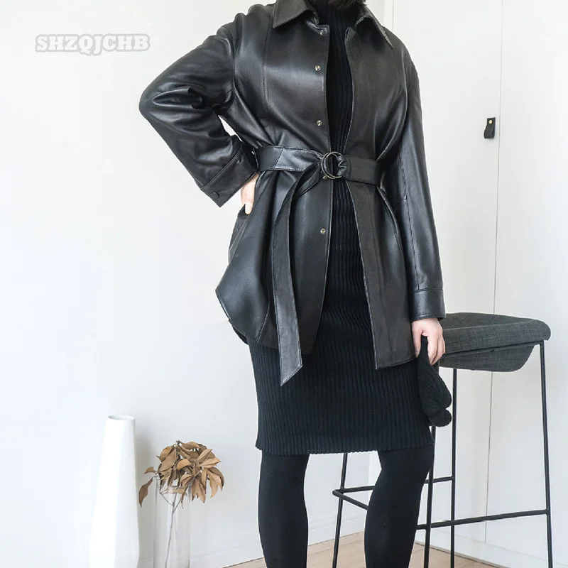 2022 Spring Fashion Women's Leather Dress Temperament Genuine Leather Mid Long Belt Lapel Leather Shirt Sheepskin Coat