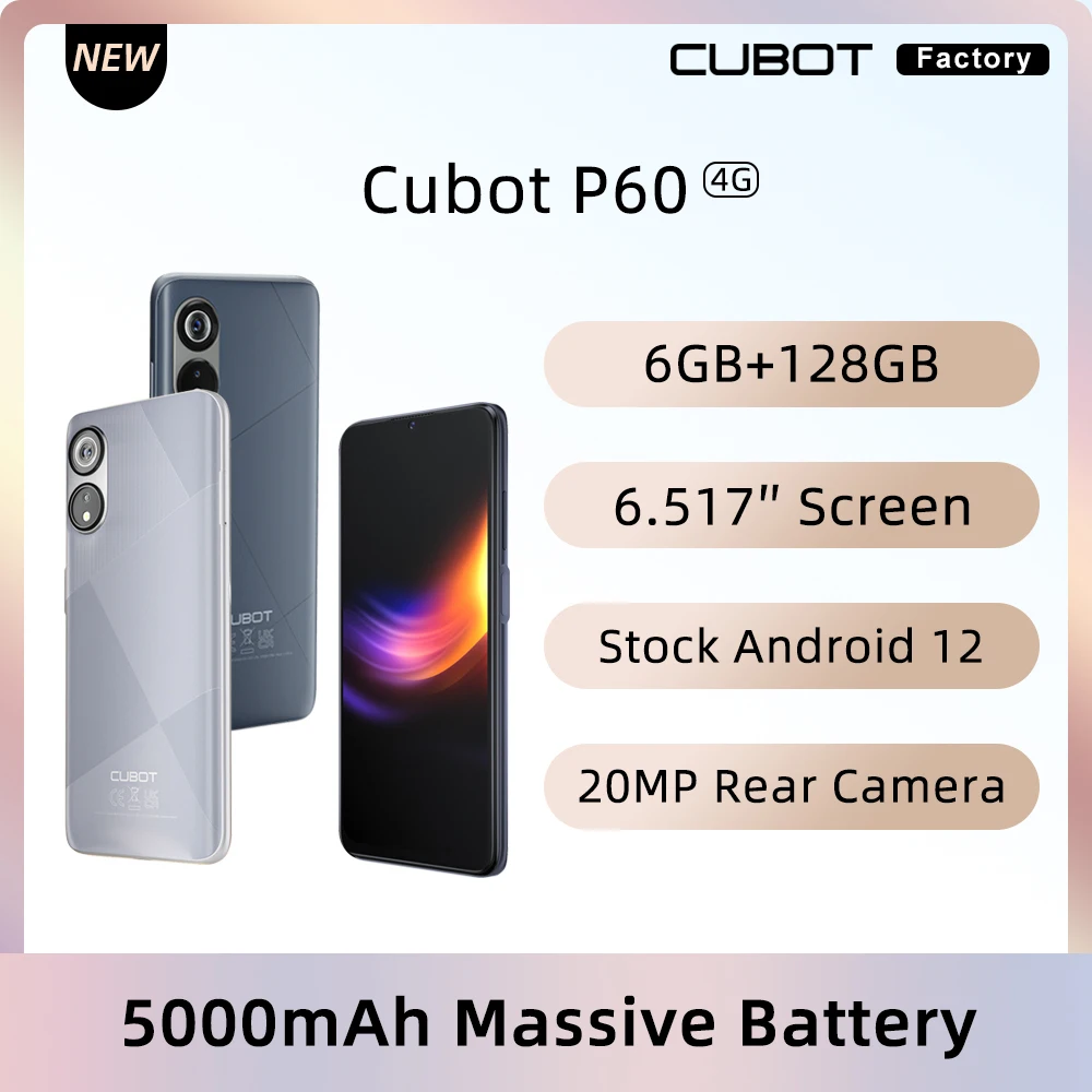 New Cubot P60 Cellphone Android 12 Smartphone, 6.517, Octa-Core, 6GB+128GB (256GB Extended), 20MP Camera, 5000mAh, Dual SIM