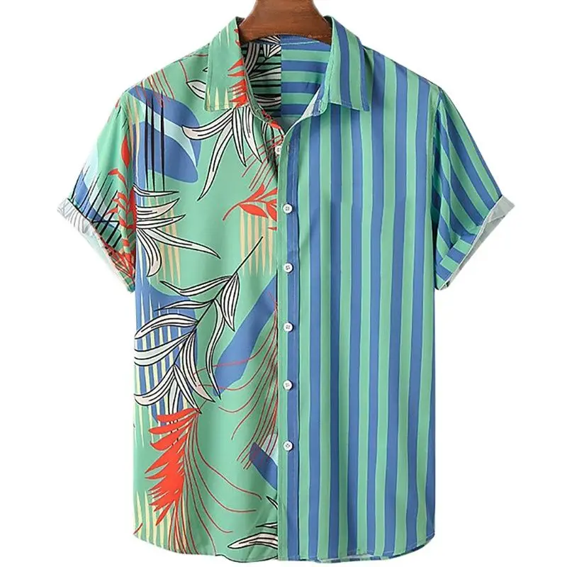 Men's Hawaiian Shirts Striped Floral Print Button-Up Casual Shirts Summer Beach Travel Men's Shirts Oversized Unisex Clothing
