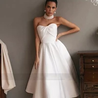 simple strapless short wedding dress with backless sleeveless summer bridal gown lace up satin mid calf pleat vestidos de novia