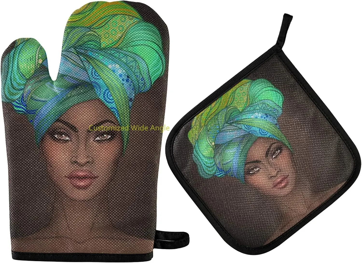 

African American Woman Oven Mitts and Pot Holders Insulated Gloves & Kitchen Counter Safe Mats for Cooking BBQ Baking Grilling