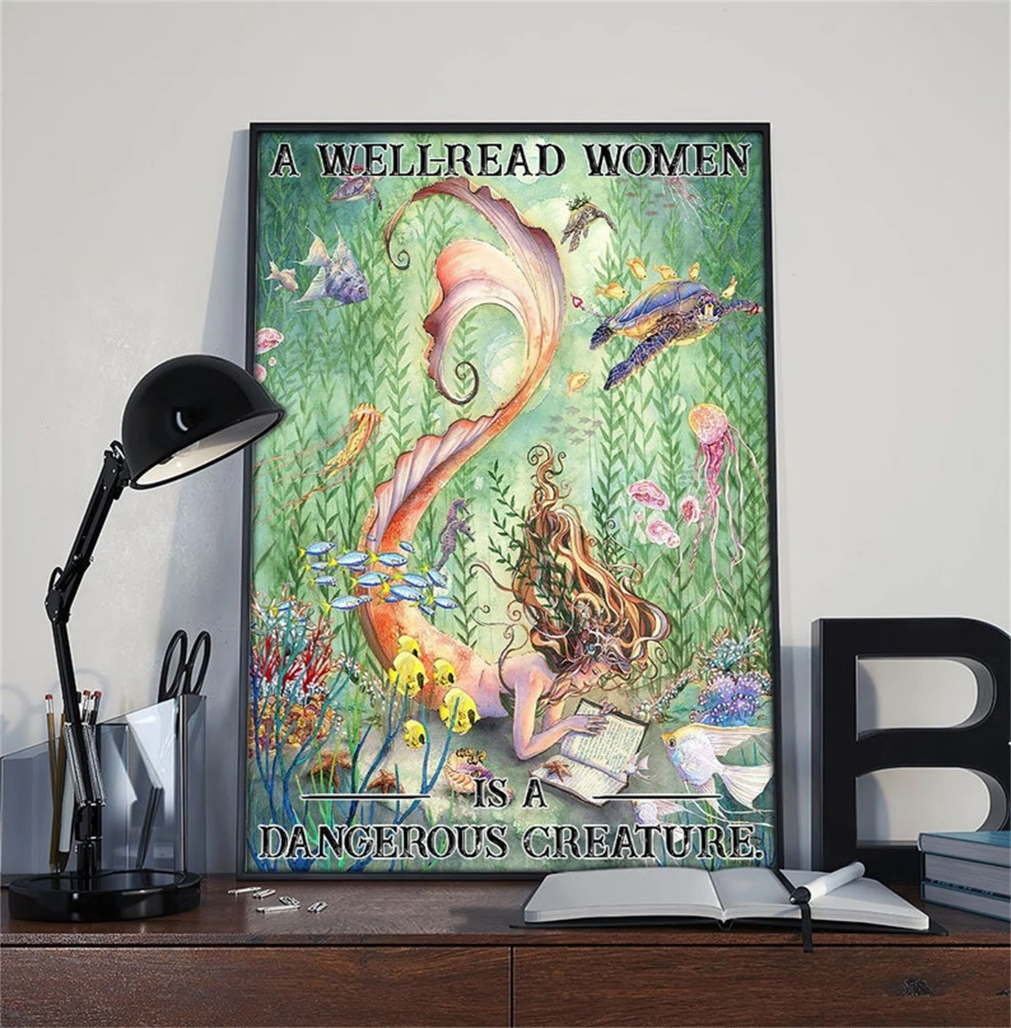 

Mermaid Reading Book A Well-Read Woman Is A Dangerous Creature Vintage Poster Wall Art Canvas Painting Bedroom Home Decoration