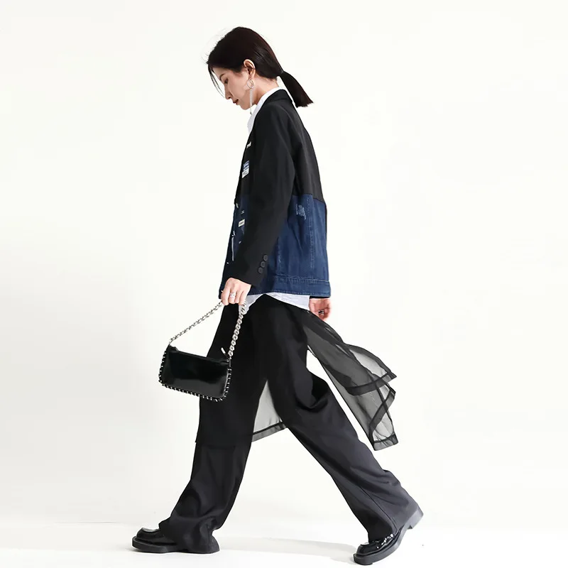 2022 Fall Designer Models Stitching Denim Suit Jacket Female Collision Color Loose Thin Small Suit