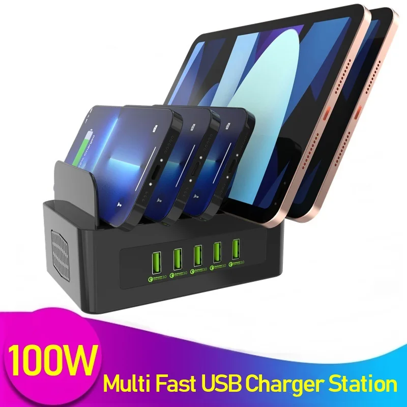 100W Multi 5 Port USB Charger QC 3.0 USB Fast Charging Station Desk Phone Holder For Ipad Iphone 14 Samsung Xiaomi Carregador