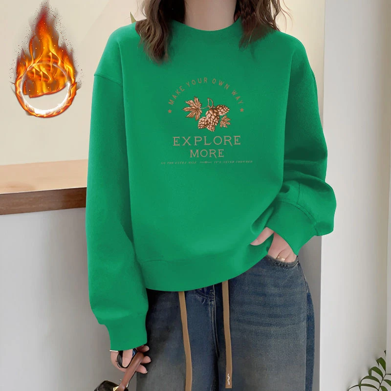 Autumn Winter Flocking Round Neck Pullover Cartoon Letter Printing Lantern Long Sleeve Hoodies Women's Clothing High Street Tops