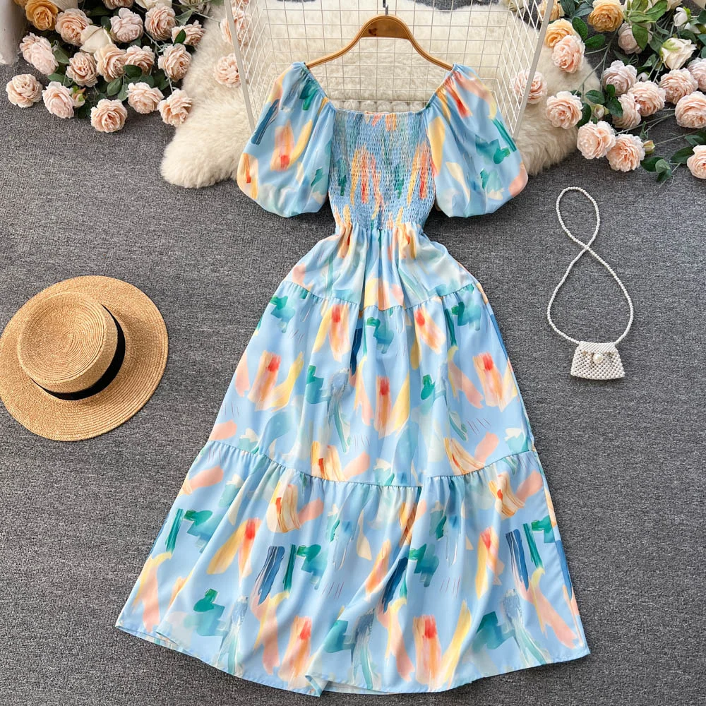 

Женское платье с квадратным вырезом, длинное винтажное платье во французском ретро-стиле с цветочным принтом, лето 2023