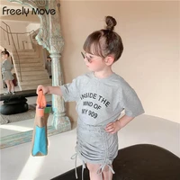 freely move little baby girl two piece outfits clothes suit short sleeve letter tops elastic waist solid tie up pleated skirt