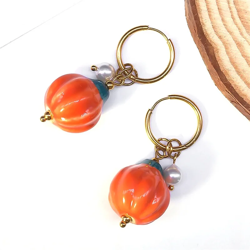 

Cute Ceramic Halloweem 3D Pumpkin Orange Circle Earrings for Women Stainless Steel Imitation Pearl Hoop Earring Jewelry ES01