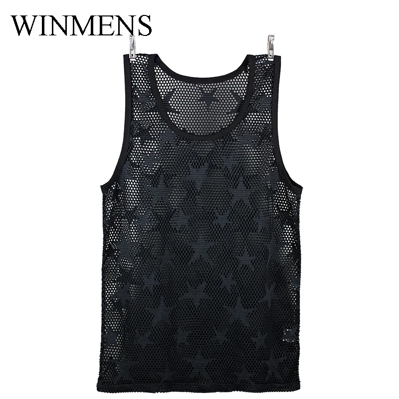 Summer Thin Star Mesh Men's Tank Tops Solid Fishnet Sleeveless Youth See Through Vest Cut-outs Breathable Male Sexy Singlet