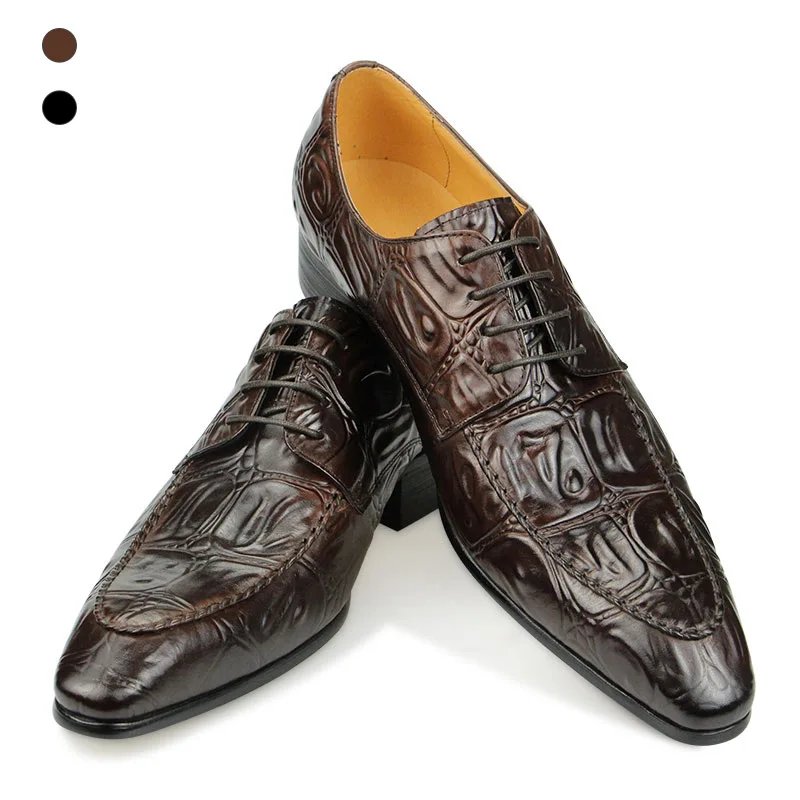 

Derby Shoes Luxury Pointed Toe Men Leather Dress Shoe Genuine cow leather with crocodile skin printing Gothicism oxfords vestido