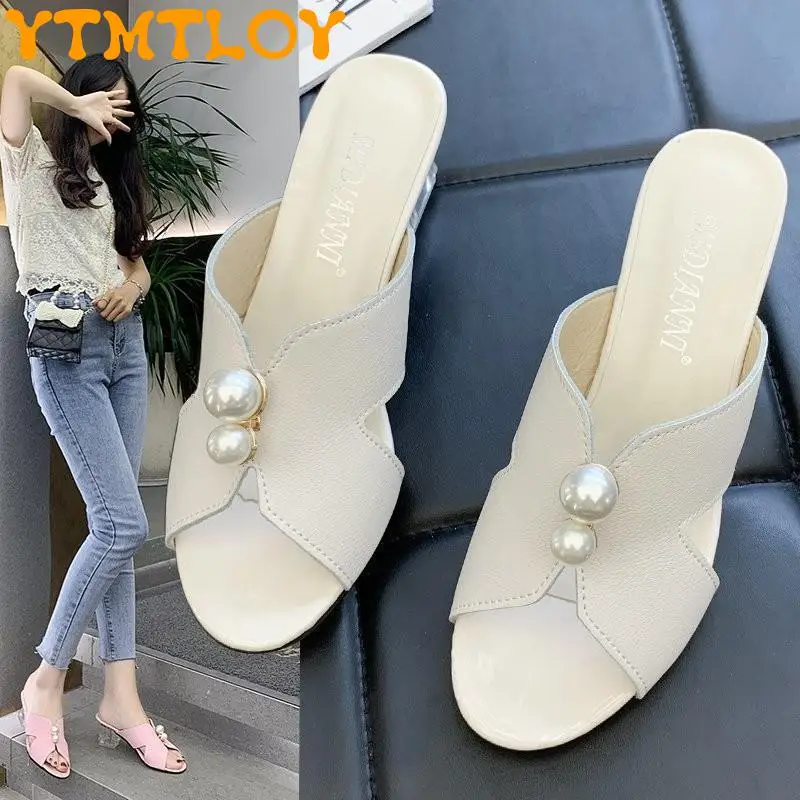 

Size 34-43 Large Size Women's Shoes Mid-heel Slippers Female Round Toe Pink Girl Heart High Heels 41 Thick Heel Flip-flops 42