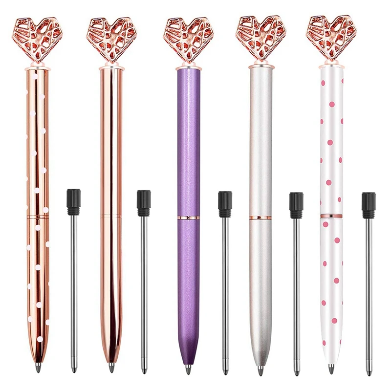

5Pcs Big Crystal Diamond Pen,Heart Shaped Pen,Bling Metal Ballpoint Pen School And Office Supplies,Rose Gold/Silver/White/Purple