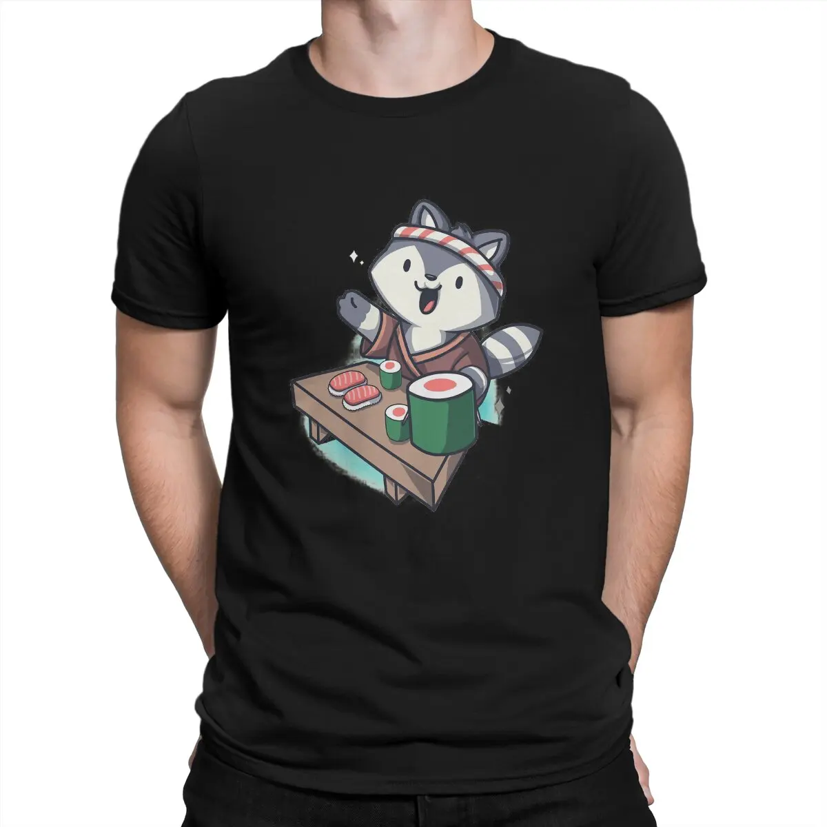 

Sushi Chef Raccoon Men's T Shirt Food Culture Art Awesome Tee Shirt Short Sleeve Crew Neck T-Shirt Cotton Gift Clothes
