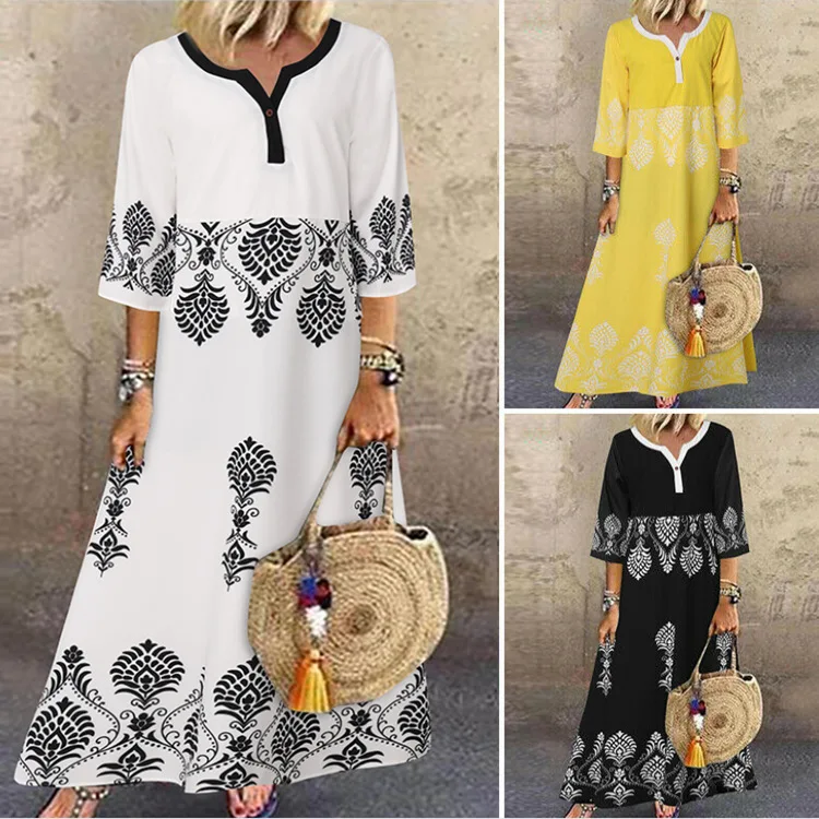 

2023 summer new short sleeve printed long casual dress
