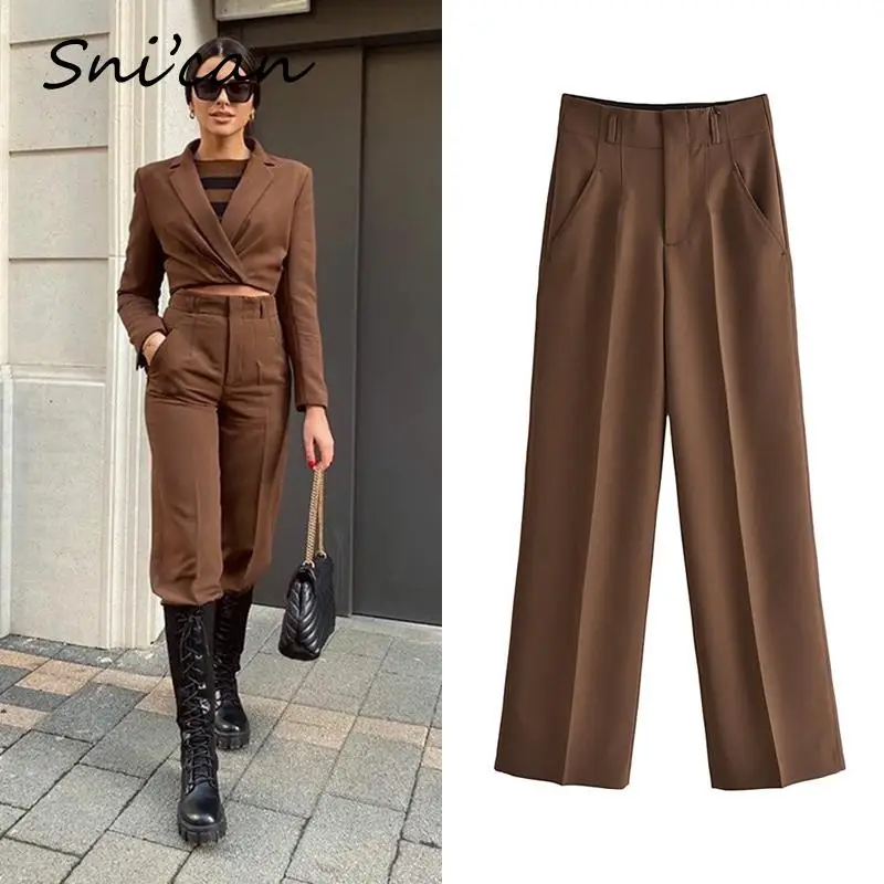 

Женские офисные брюки Za, коричневые однотонные Простые Модные прямые брюки на молнии, винтажные повседневные брюки для женщин на весну