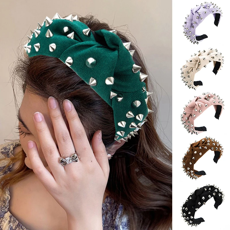 

Fashion Fabric Rivet Headbands Women Solid Cross Knotted Hair Hoop Wide Side Hairbands Rivets Design Head Hoop Hair Accessories
