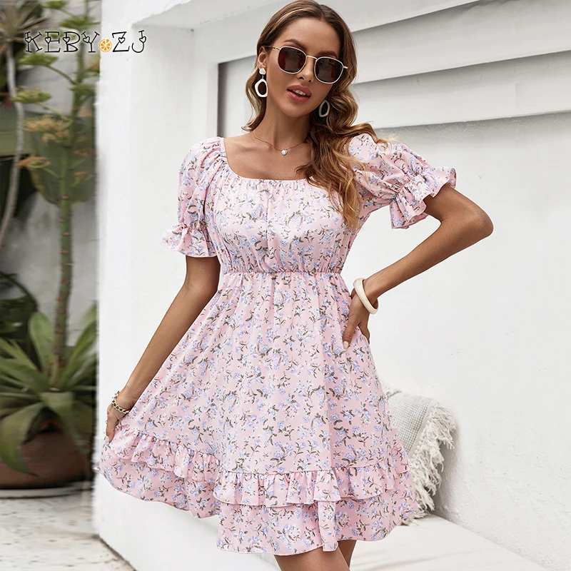 

KEBY ZJ Women's Dress Pink Short Sleeve Backless Female Vestido Clothing Girls Urban Travel Floral Print Casual Mini Dresses