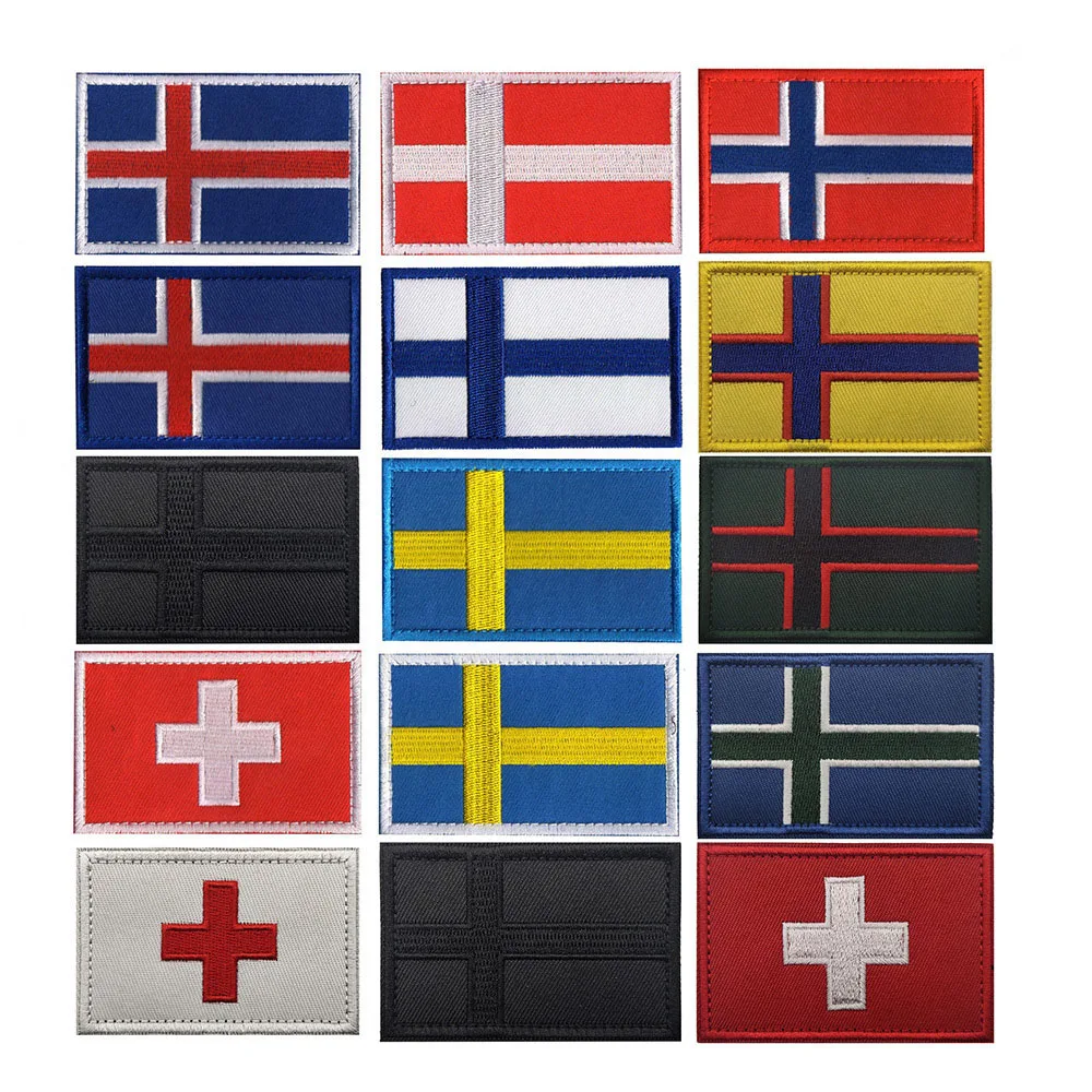 

Nordic Country Embroidered Patches Iceland Norway Sweden Denmark Finland Swiss Flag Tactical Military Morale Badges for Backpack