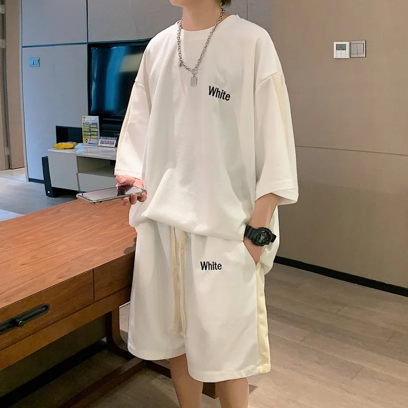 

2023 Men Waffle Solid White Suits Summer Harajuku Short SleeveT-Shirt Shorts Two Piece Sets Streetwear Unisex Casual Loose Suits