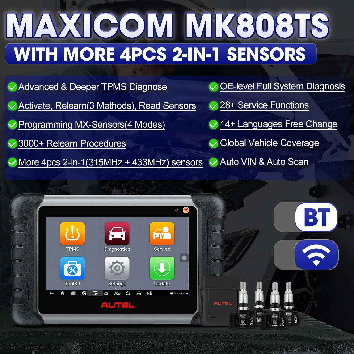 

Autel MaxiCOM MK808TS PRO OBD2 Car Diagnostic Tool Scanner With 4Pcs MX-Sensor TPMS Relearn Programming Functions PK MK808 TS508
