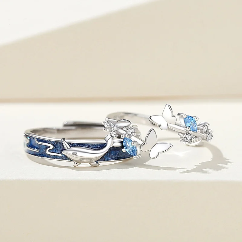 

Original Design Whale and Butterfly Couple Ring 925 Sterling Silver Niche Design Pair Opening Ring Valentine's Day Gift