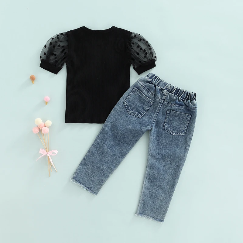 

1-6T Kids Girls Casual Suit Dot Mesh Puff Short Sleeves Round Neck Rib Cotton Pit T-Shirt Raw Edge Ripped Jeans Trousers Suit