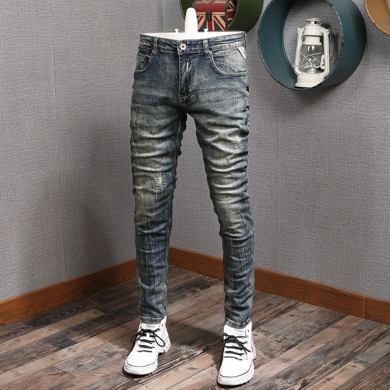 Fashion Trendy Men Jeans Retro Washed Blue Elastic Stretch Slim Fit Ripped Jeans Men Printed Designer Vintage Denim Pants Hombre