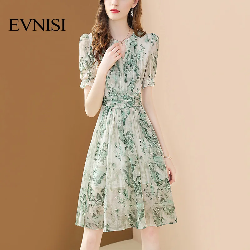 

EVNISI Light Green Dresses Chiffon Print Elegant Dress Women 2022 Summer Boho A-Line Puff Sleeves Sweet Casual Vestidos