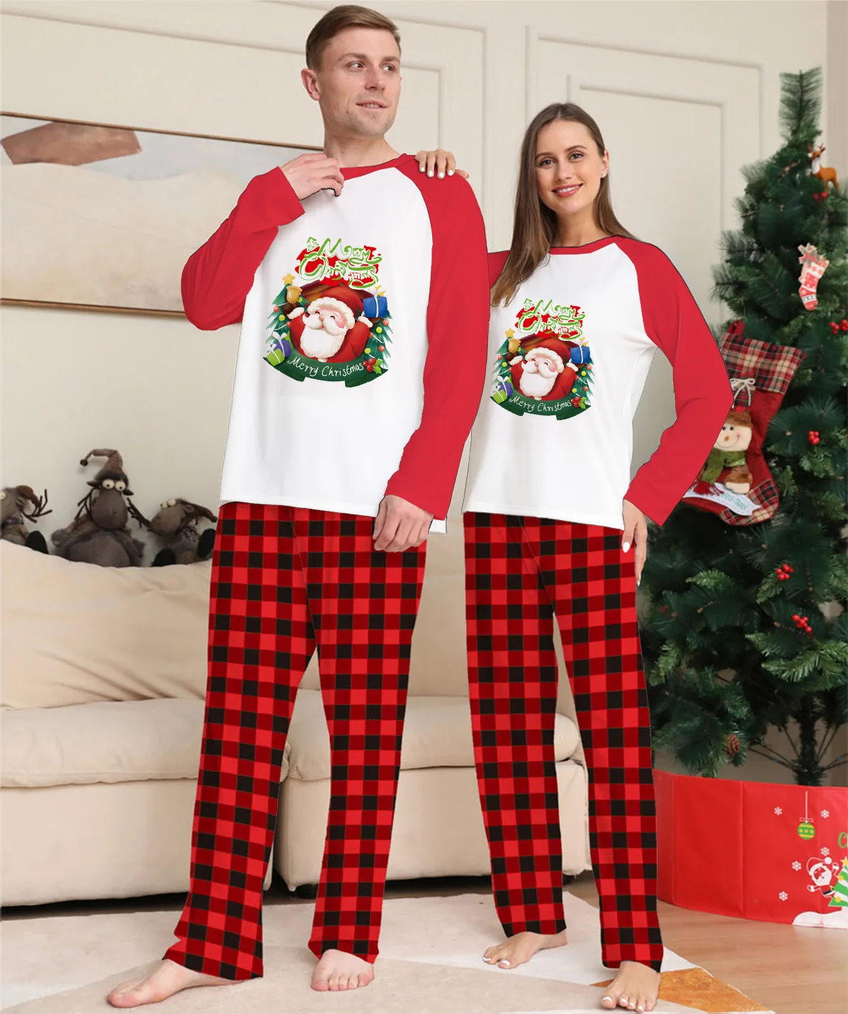 Europe American Christmas Loungewear Cartoon Plaid Print Long Sleeve Holiday Set Parent-child Pajamas Nightwears