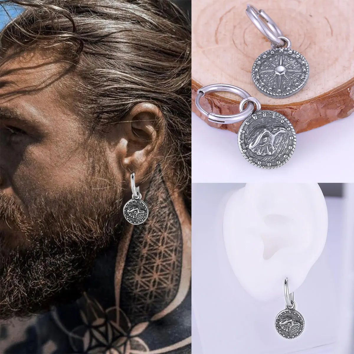 

Nordic Viking Eagle Pattern Round Stainless Steel Pendant Earrings Personalized Fashion Rock Jewelry Men's High Quality Gift