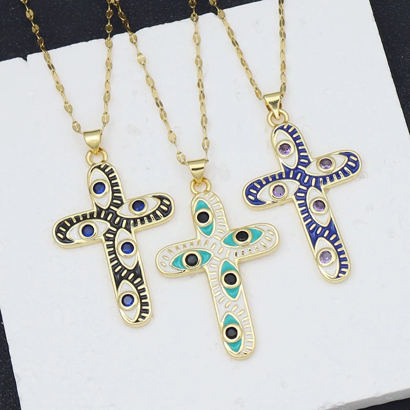 

New in Cross with Evil Eye Chokers Necklaces for Women Multicolor Enamel Pendant Necklace Religious Beliefs Amulet Jewelry Gifts