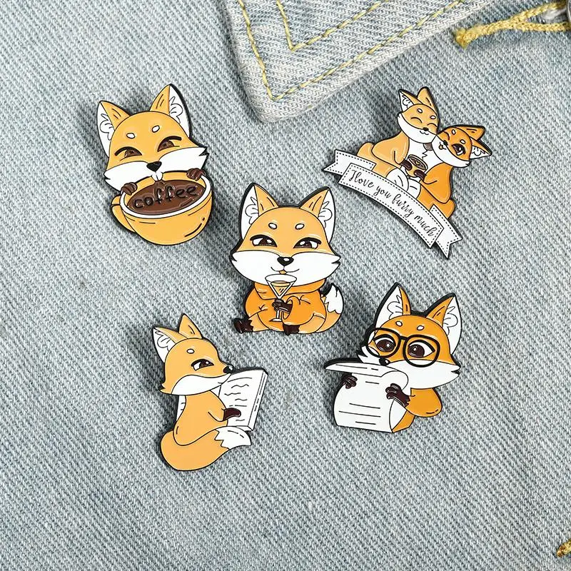

Fox Coffee Enamel Pin Custom Lover Drink Newspaper Brooches Bag Lapel Pin Cartoon Animal Badge Jewelry Gift for Kids Friends