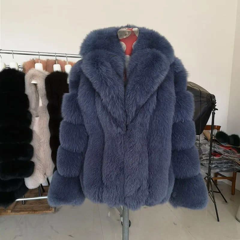 Luxury Women Ladies Winter Fur Coat Genuine Fox Fur 100% Real Fox Fur Coat Big Lapel Collar Thick Warm Outdoor Casual Overcoat