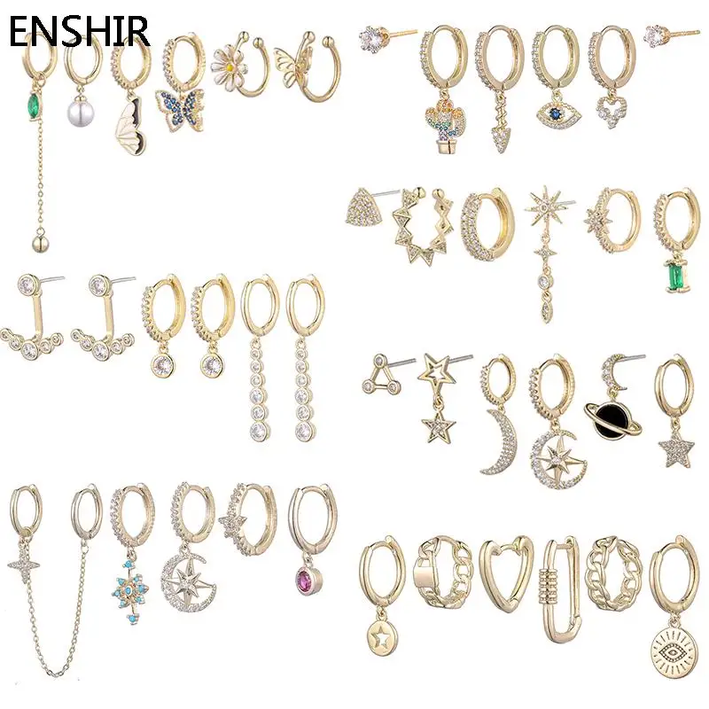 

ENSHIR 6 Pieces/Set Butterfly Pearl Moon Star Zircon Pendant Hoop Earring For Women Luxury Earrings Set Jewelry