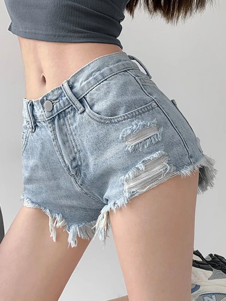 Summer Women High Waist Slim Fit Hole Blue Denim Shorts Streetwear Female Frayed Raw Hem Button Retro Jeans Shorts
