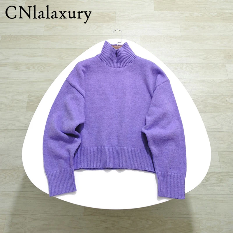 

CNlalaxury Autumn Woman Purple Knitted Sweater Casual Long Sleeves Simple Solid Color Turtleneck Pullover Female Sweaters