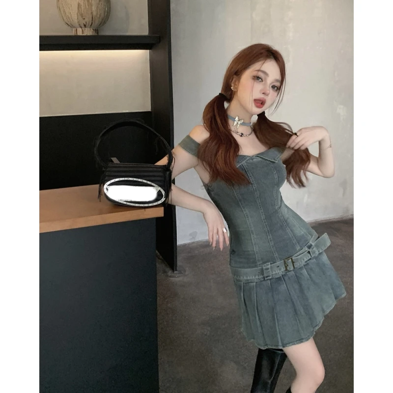 Summer Blue Dress Womens Straps Dress Sleeveless Sexy Fashion Y2K Suspender Simple 2023 Female Temperament Party Denim Skirt